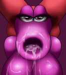  accessory anthro big_breasts big_mouth_(anatomy) birdo bodily_fluids breasts cum dinosaur excessive_cum female genital_fluids hair_accessory hair_bow hair_ribbon hi_res jwecchi looking_at_viewer mario_bros nintendo pink_body reptile ribbons scalie solo video_games 