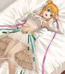  1girl absurdres bed commission fire_emblem fire_emblem:_the_binding_blade fire_emblem_heroes green_eyes highres larum_(bridal)_(fire_emblem) larum_(fire_emblem) lying official_alternate_costume open_mouth orange_hair rourou_ill skeb_commission smile solo thighs 