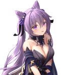  1girl :d bare_shoulders black_dress blush breasts cleavage dealesis detached_collar diamond-shaped_pupils diamond_(shape) dress eyebrows_visible_through_hair genshin_impact hair_between_eyes hair_cones hair_ribbon keqing_(genshin_impact) keqing_(opulent_splendor)_(genshin_impact) long_hair looking_at_viewer medium_breasts official_alternate_costume open_mouth pearl_hair_ornament purple_eyes purple_hair ribbon smile solo symbol-shaped_pupils twintails upper_body white_background 