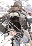  1girl arknights artist_name bangs black_skirt boots breasts brown_cape brown_footwear cape closed_mouth eyebrows_visible_through_hair fartooth_(arknights) feather_hair feet_out_of_frame gauntlets green_eyes grey_hair hair_ribbon highres holding holding_weapon long_hair looking_at_viewer parted_lips quiver ribbon shirt skirt solo standing thigh_boots thighhighs vermilli000n visor_(armor) weapon white_shirt 