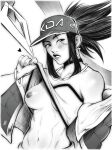  1girl akali baseball_cap blush bracelet choker clothes_lift collarbone double_daggers earrings greyscale hat heart highres jacket jewelry k/da_akali league_of_legends monochrome navel necklace nipples no_bra open_clothes open_jacket ponytail shirt_lift smile teeth triangle_earrings upper_body 