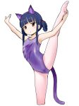  animal_ears athletic_leotard ballet blue_hair blunt_bangs braid braided_hair_rings brown_eyes cat_ears cat_tail cropped_legs feet_out_of_frame highres idolmaster idolmaster_cinderella_girls idolmaster_cinderella_girls_starlight_stage leotard lightning_bolt_print long_hair ookamiuo outstretched_arms pantyhose pink_pantyhose purple_leotard sajo_yukimi simple_background split standing standing_on_one_leg standing_split tail twin_braids white_background 