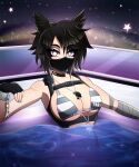  1girl absurdres animal_ears bandages black_hair bra chest_harness choker cuffs eyes_visible_through_hair fingerless_gloves gloves grey_eyes harness highres hot_tub jewelry jhonya key key_necklace kisu mask messy_hair mouth_mask necklace scar shackles short_hair swimsuit underwear vrchat wolf_ears 
