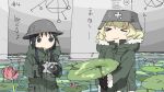  2girls black_eyes black_hair blonde_hair camera chito_(shoujo_shuumatsu_ryokou) episode_number flower helmet highres lotus military military_helmet military_uniform multiple_girls shoujo_shuumatsu_ryokou translation_request tsukumizu_yuu twintails uniform yuuri_(shoujo_shuumatsu_ryokou) 