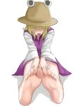  1girl absurdres bare_legs barefoot blonde_hair dress feet foot_focus hair_over_one_eye highres kuraki long_tongue looking_at_viewer moriya_suwako outstretched_legs purple_dress pyonta shirt simple_background sitting soles solo toes tongue tongue_out touhou white_background white_shirt 