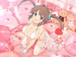  1girl all_fours bare_shoulders bed_sheet bedroom black_bow black_bowtie blue_eyes blunt_bangs blush body_blush bow bowtie bracelet breasts bridal_legwear bridal_lingerie brown_hair cleavage crescent crescent_hair_ornament dress falling_petals fang frilled_gloves frilled_pillow frills gem gloves groin hair_ornament heart heart-shaped_pillow highres jewelry lace-trimmed_legwear lace-trimmed_thighhighs lace_trim large_breasts lens_flare lingerie looking_at_viewer minori_(senran_kagura) official_alternate_costume official_art on_bed open_mouth panties pearl_(gemstone) pearl_bracelet petals pillow pink_bow pink_pillow revealing_clothes ring_hair_ornament senran_kagura senran_kagura_new_link senran_kagura_shinovi_versus shiny_skin shuriken sidelocks smile solo sparkle stuffed_animal stuffed_toy teddy_bear thighhighs tiara twintails underwear waist_bow weapon white_bow white_gloves white_panties white_thighhighs yaegashi_nan 