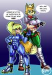  2015 absurd_res blonde_hair blush breasts bulge canid canine duo female fox fox_mccloud green_eyes hair head_swap hi_res looking_up male mammal metroid nintendo onat ponytail samus_aran simple_background size_difference smile standing star_fox video_games zero_suit 