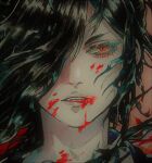  1boy black_hair blood blood_on_face blood_on_mouth close-up commentary dororo_(tezuka) english_commentary etherbeam eyelashes hair_over_one_eye highres hyakkimaru_(dororo) long_hair looking_at_viewer male_focus orange_eyes painting_(medium) parted_lips portrait solo traditional_media watercolor_(medium) 