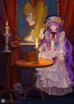  1girl blonde_hair bow candle candlelight candlestand capelet crescent crescent_hat_ornament dress flandre_scarlet frilled_capelet frilled_dress frilled_shirt_collar frills hair_bow hat hat_ornament hat_ribbon holding holding_clothes holding_skirt kyokoyouyou long_dress long_hair mob_cap patchouli_knowledge portrait purple_eyes purple_hair red_eyes red_ribbon ribbon shirt short_hair side_ponytail skirt skull solo touhou very_long_hair yellow_bow 