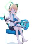  1girl animal_ear_headphones animal_ears barefoot black_shorts blonde_hair blue_archive blue_necktie blush bow closed_eyes collared_shirt eighth_note electric_guitar fake_animal_ears green_bow green_halo guitar hair_bow halo headphones highres instrument midori_(blue_archive) musical_note necktie open_mouth preste shirt short_hair short_sleeves shorts simple_background sitting smile solo toes white_background white_shirt 