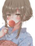  1girl blue_kimono blush brown_eyes brown_hair candy candy_apple covering_own_mouth food heart highres hiro_(hirohiro31) holding holding_candy holding_food japanese_clothes kimono looking_at_viewer original sidelocks simple_background solo upper_body white_background 