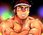  1boy akashi_(live_a_hero) averting_eyes bara crossed_arms doro_rich facial_hair goatee hachimaki headband live_a_hero long_sideburns male_focus muscular muscular_male paid_reward_available pectoral_squeeze red_eyes red_hair scar scar_on_face scar_on_nose shiny_skin short_hair sideburns solo summer_festival sweat thick_eyebrows upper_body 