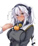  1girl absurdres breasts brown_eyes collar dark-skinned_female dark_skin food fruit glasses grey-framed_eyewear grey_hair hair_between_eyes headgear highres huge_breasts jewelry kantai_collection mandarin_orange mashiro_yukiya metal_collar musashi_(kancolle) musashi_kai_ni_(kancolle) object_on_breast oppai_mochi rectangular_eyewear ring sakuramon semi-rimless_eyewear solo_focus translation_request twintails wedding_ring 