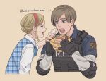  1boy 1girl black_gloves black_vest blonde_hair blue_shirt blue_vest bulletproof_vest burger collared_shirt eating elbow_pads english_text fingerless_gloves food gloves hairband hitsuji_merry holding holding_food holding_tissue leon_s._kennedy long_hair looking_at_another open_mouth police police_uniform red_hairband resident_evil resident_evil_2 sherry_birkin shirt shirt_under_shirt short_hair sidelocks sleeves_rolled_up smile sweatdrop swept_bangs uniform upper_body vest white_shirt wiping_mouth yellow_background 
