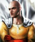  1boy artist_name artsbycarlos bald bald_head black_eyes bodysuit cape closed_mouth commentary crossed_arms english_commentary gloves highres male_focus one-punch_man realistic red_gloves saitama_(one-punch_man) solo superhero white_cape yellow_bodysuit 