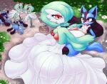 absurd_res anthro big_breasts big_butt blue_body blue_fur bodily_fluids breasts butt chest_tuft clothing dress eyelashes female female_on_top fur gardevoir generation_3_pokemon generation_4_pokemon green_body green_hair group hair hair_over_eye head_tuft hi_res huge_breasts huge_butt humanoid kirlia larger_female lucario male nintendo nyan-o-lantern on_top one_eye_obstructed open_mouth pokemon pokemon_(species) purple_body purple_fur red_eyes riolu saliva saliva_string size_difference small_waist smaller_male spiral_eyes thick_thighs tongue tongue_out tuft unconscious white_body white_clothing white_dress white_fur wide_hips
