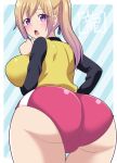  1girl ass black_shirt blonde_hair blush breasts buruma cameltoe collared_shirt commentary_request curvy gradient_hair hair_between_eyes hair_ribbon kawakami_mai kondou_ryunosuke kyoto_animation large_breasts leaning_forward long_hair long_sleeves looking_at_viewer looking_back mole mole_under_eye multicolored_hair musaigen_no_phantom_world open_mouth photoshop_(medium) purple_eyes ribbon school_uniform shirt side_ponytail simple_background smile solo striped_background sweater_vest 