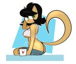 2021 abstract_background absurd_res anthro bed_hair big_breasts black_hair blush bottomwear breasts butt buxy clothing coffee_mug colored container crop_top cup domestic_cat felid feline felis female green_eyes hair hi_res kitty_katswell looking_at_viewer mammal nickelodeon shaded shirt shorts side_view sitting solo t.u.f.f._puppy tan_body topwear under_boob
