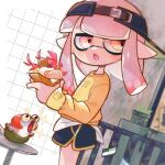  1girl 333negi :o artist_name black_shorts commentary_request dolphin_shorts egg food holding holding_food indoors inkling_girl inkling_player_character lobster long_hair open_mouth pink_hair pointy_ears print_sweater red_hair short_shorts shorts sideways_hat smallfry_(splatoon) splatoon_(series) splatoon_3 standing sweater tentacle_hair twitter_username visor_cap yellow_eyes yellow_sweater yellow_trim 