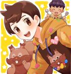  2boys :d ^_^ apron blush brown_apron brown_eyes brown_hair character_print closed_eyes commentary_request fork greedent happy highres holding holding_fork holding_spoon hood hood_down hoodie hop_(pokemon) male_focus mochi_(mocchi_p_2m) multiple_boys open_mouth outline pokemon pokemon_(creature) pokemon_masters_ex pokemon_swsh purple_hair short_hair smile spoon star_(symbol) tassel teeth tongue upper_teeth_only victor_(palentine&#039;s_2024)_(pokemon) victor_(pokemon) yellow_background 