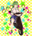  1girl bangs blue_skirt blush breasts checkered_background collared_shirt commentary_request cookie_(touhou) cross detached_sleeves eyewear_on_head facepaint frilled_skirt frills frog_hair_ornament full_body green_eyes green_footwear green_hair ground_vehicle haiperion_buzan hair_between_eyes hair_ornament hair_tubes highres kochiya_sanae large_breasts long_hair looking_at_viewer motor_vehicle motorcycle open_mouth paseri_(cookie) shirt shoes skirt sleeveless sleeveless_shirt snake_hair_ornament socks solo star_(symbol) sunglasses touhou v-shaped_eyebrows white_legwear white_shirt white_sleeves yellow_background 
