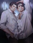  2boys black_hair black_pants chest_tattoo closed_mouth collared_shirt eyepatch facial_hair hand_in_pocket highres kiryu_kazuma looking_at_viewer majima_goro male_focus mogumogu_(563chan) multiple_boys one_eye_covered pants ryuu_ga_gotoku_(series) shirt short_hair sleeves_rolled_up tattoo white_shirt 