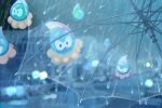  6+others :&gt; :o artist_name blurry blurry_background building castform castform_(rainy) english_commentary grey_theme highres lights looking_ahead looking_at_viewer multiple_others outdoors pokemon pokemon_(creature) pov rain taplaos twitter_username umbrella water_drop 