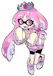  1girl bike_shorts braid commentary crown eyelashes full_body highres hood hoodie inkling_girl inkling_player_character long_hair open_mouth pink_eyes pink_hair pink_hoodie pointy_ears shoes simple_background single_braid sleeves_past_fingers sleeves_past_wrists solo splatoon_(series) splt_zz symbol-only_commentary teeth tentacle_hair thick_eyebrows white_background 