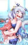  3girls absurdres ace_(playing_card) ace_of_spades agnes_digital_(umamusume) aqua_eyes blue_eyes blue_one-piece_swimsuit blush breasts card cleavage commentary g_(genesis1556) gold_ship_(umamusume) grey_hair highres hishi_miracle_(umamusume) holding holding_card medium_hair multiple_girls nose_blush one-piece_swimsuit partially_submerged pink_hair playing_card pool shark spade_(shape) swimsuit tail umamusume water 