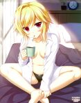  1girl areola_slip barefoot black_panties blonde_hair blush borrowed_character breasts breasts_apart cameltoe cigarette coffee coffee_mug collarbone collared_shirt copyright_name cup dress_shirt eyelashes eyes_visible_through_hair feet_out_of_frame fingernails hair_down hand_on_own_leg hand_up highres holding holding_cup indian_style indoors kin-iro_loveriche knees_apart_feet_together looking_at_viewer medium_breasts medium_hair moribe_(rabumanyo) mug navel no_bra official_art on_bed open_clothes open_shirt oversized_clothes panties red_eyes scan shirt sidelighting single_hair_intake sitting sleeves_past_wrists smoking solo souma_ria steam swept_bangs underwear white_shirt 