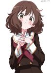  absurdres blush brown_eyes brown_hair brown_serafuku brown_shirt brown_skirt commentary_request hibike!_euphonium highres kitauji_high_school_uniform long_sleeves looking_at_viewer neckerchief oumae_kumiko own_hands_together pleated_skirt sailor_collar school_uniform serafuku shirt simple_background skirt watermark white_background white_gorilla_(okamoto) white_sailor_collar 