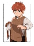  1boy armor belt black_border black_pants border chest_guard chilchuck_tims commentary dintoge dressing dungeon_meshi frown halfling highres leather_armor long_sleeves male_focus outside_border pants red_hair shirt short_hair sleeves_rolled_up solo sweat unworn_belt upper_body white_background white_shirt 