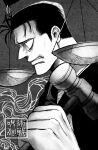  1boy clenched_teeth commentary gavel greyscale higuruma_hiromi holding holding_weapon jujutsu_kaisen male_focus monochrome nagi994 sideburns solo suit teeth upper_body weapon weighing_scale 