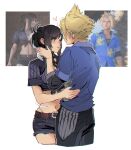  1boy 1girl belt black_hair blonde_hair blue_shirt brown_eyes cloud_strife crop_top cropped_legs final_fantasy final_fantasy_vii final_fantasy_vii_rebirth final_fantasy_vii_remake front-tie_top hand_on_own_face hug navel official_alternate_costume official_alternate_hairstyle pudelmudel reference_inset shirt short_shorts shorts spiked_hair stomach thong tifa_lockhart 