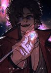  1boy brown_hair closed_eyes coat dated gem gintama glowing highres holding long_sleeves male_focus open_mouth popped_collar red_coat sakamoto_tatsuma sky space star_(sky) starry_sky sunglasses tatsu_(tatsumccree) upper_body 