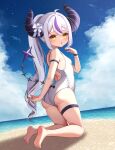  1girl absurdres ahoge ass beach black_nails blue_sky braid braided_bangs breasts cloud create8 demon_horns grey_hair highres hololive horns la+_darknesss long_hair looking_at_viewer nail_polish one-piece_swimsuit open_mouth ponytail purple_hair sand sidelocks single_braid sky small_breasts swimsuit thigh_strap very_long_hair virtual_youtuber water white_one-piece_swimsuit yellow_eyes 