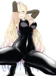  1girl a-91_(girls&#039;_frontline) arms_behind_head black_bodysuit blonde_hair blush bodysuit breasts cleavage full_body girls&#039;_frontline gradient_hair hat high_heels highres long_hair looking_at_viewer mole mole_under_eye multicolored_hair one_side_up orange_eyes parted_lips purple_hair solo spread_legs squatting sumi_ojie white_background 