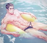  1boy abs bara black_hair black_male_swimwear closed_mouth innertube kiryu_kazuma large_pectorals male_focus male_swimwear mogumogu_(563chan) muscular muscular_male navel nipples on_innertube pectorals ryuu_ga_gotoku_(series) short_hair solo swim_ring water yellow_innertube 