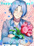  1boy blue_eyes blue_hair blue_ribbon blue_shirt crossed_arms dated flower grgr_nico hair_between_eyes hasegawa_langa highres holding holding_flower light_blue_hair male_focus pink_background polka_dot polka_dot_background ribbon shirt sk8_the_infinity solo upper_body 