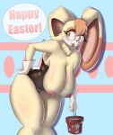 anthro areola big_breasts big_ears black_clothing black_leotard blue_background blush breasts brown_body brown_fur bucket clothing container dipstick_ears easter eyelashes female floppy_ears fur gloves hand_on_hip handwear head_tuft hi_res holding_bucket holding_container holding_object holidays huge_breasts lagomorph leotard leporid lips lop_ears mammal multicolored_ears nipples orange_eyes pink_areola pink_lips pink_nipples rabbit satsuki_supreme sega simple_background smile solo sonic_the_hedgehog_(series) text thick_thighs tuft vanilla_the_rabbit white_body white_clothing white_fur white_gloves white_handwear wide_hips yellow_body yellow_fur