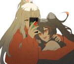  2girls alpha_(punishing:_gray_raven) animal_print black_hair black_jacket cellphone frog_print grey_hair hair_between_eyes highres holding holding_phone hood hoodie jacket long_hair long_sleeves lucia:_crimson_weave_(punishing:_gray_raven) lucia:_plume_(punishing:_gray_raven) lucia_(punishing:_gray_raven) multicolored_hair multiple_girls open_mouth parted_bangs phone punishing:_gray_raven red_eyes red_hair red_hoodie red_jacket selfie sidelocks smartphone streaked_hair teeth twintails two-sided_fabric two-sided_jacket upper_teeth_only violessastvira wide_ponytail yuri 