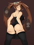  1girl alternate_costume alternate_legwear anus anus_peek ass beckoning black_camisole black_legwear black_panties breasts brown_hair cameltoe camisole commission curvy english_commentary english_text from_behind guilty_gear hair_rings happy_birthday heart heart-shaped_pupils highres kuradoberi_jam large_breasts licking_lips long_hair looking_back naughty_face nippleless_clothes nipples panties presenting second-party_source shoulder_blades skullworms solo spread_ass standing symbol-shaped_pupils thick_thighs thighhighs thighs tongue tongue_out underwear very_long_hair 