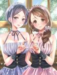  2girls ayn_kau bangs bare_shoulders blush brown_hair collarbone dark_blue_hair dress earrings hair_ornament hair_scrunchie hand_on_another&#039;s_back hayami_kanade heart heart_hands highres idolmaster idolmaster_cinderella_girls jewelry light_smile looking_at_viewer mochida_arisa multiple_girls scrunchie side_ponytail sleeveless sleeveless_dress swept_bangs upper_body wrist_cuffs 