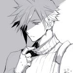  110tkmr 1boy adjusting_collar armor closed_mouth cloud_strife earrings final_fantasy final_fantasy_vii final_fantasy_vii_remake gloves greyscale hair_over_one_eye half-closed_eyes jewelry male_focus monochrome short_hair shoulder_armor single_bare_shoulder single_earring single_shoulder_pad sleeveless sleeveless_turtleneck solo spiked_hair turtleneck upper_body 