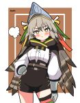  1girl :&lt; absurdres arknights black_shorts blush bright_pupils brown_background brown_cloak brown_hair cloak commentary_request cowboy_shot fartooth_(arknights) feather_hair gauntlets green_thighhighs hendra high-waist_shorts highres hood hooded_cloak inset_border long_hair looking_at_viewer puff_of_air shirt shorts signature simple_background single_thighhigh solo thigh_strap thighhighs upper_body visor_(armor) white_background white_pupils white_shirt yellow_eyes 
