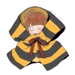  1boy baby bow bowtie brown_hair closed_mouth drooling gegege_no_kitarou kitarou kitarou_tanjou:_gegege_no_nazo kunieda_(miniaturegarden) lying male_focus on_back one_eye_closed red_bow red_bowtie short_hair simple_background solo striped_clothes twitter_username white_background 