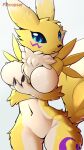 anthro bandai_namco big_breasts black_sclera blue_eyes breasts clothed clothing crossed_arms digimon digimon_(species) featureless_breasts featureless_crotch female fluffy fur hi_res holding_breast markings nude pinup plecopsar pose renamon shaded shy solo standing topless yellow_body