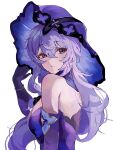  1girl back bare_shoulders black_swan_(honkai:_star_rail) breasts brown_eyes dress elbow_gloves gloves highres honkai:_star_rail honkai_(series) kbnimated large_breasts long_hair purple_dress purple_gloves purple_hair purple_veil solo 