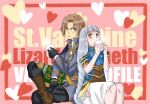  1boy 1girl armor armored_dress black_gloves book braid brown_hair cape closed_mouth cup glasses gloves highres holding holding_cup kannro_ame lenneth_valkyrie lezard_valeth long_hair short_hair valentine valkyrie_profile_(series) 