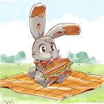  black_eyes blanket bread bunnelby commentary day fangs food go-lurk grass highres lettuce no_humans outdoors pokemon pokemon_(creature) sandwich sitting solo 